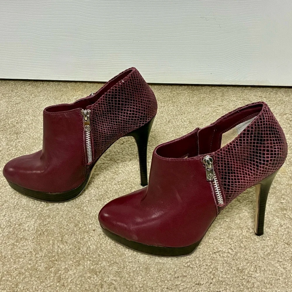 Michael Kors burgundy leather & snakeskin booties heeled platform boots 10
